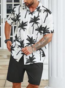 Manfinity RSRT Men Plus Coconut Tree Print Shirt & Shorts - Black and White - View 9