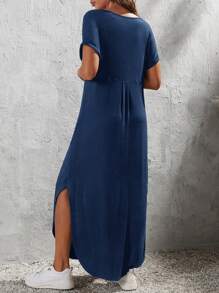 SHEIN LUNE Chất rắn Tách đùi Váy áo thun - Màu xanh hải quân - Xem 2