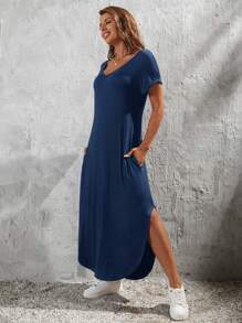 SHEIN LUNE Chất rắn Tách đùi Váy áo thun - Màu xanh hải quân - Xem 5