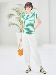 SHEIN BASICS Striped Print Slim Fit Tee - Green - View 7