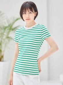 SHEIN BASICS Striped Print Slim Fit Tee - Green - View 6