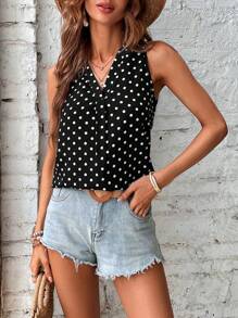 SHEIN Clasi Polka Dot Print V Neck Blouse - Black and White - View 3