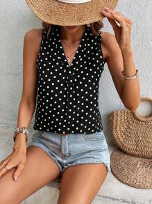 SHEIN Clasi Polka Dot Print V Neck Blouse - Black and White - View 5