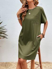 SHEIN LUNE Chất rắn Túi tay cánh Váy áo thun - xanh quân đội - Xem 1
