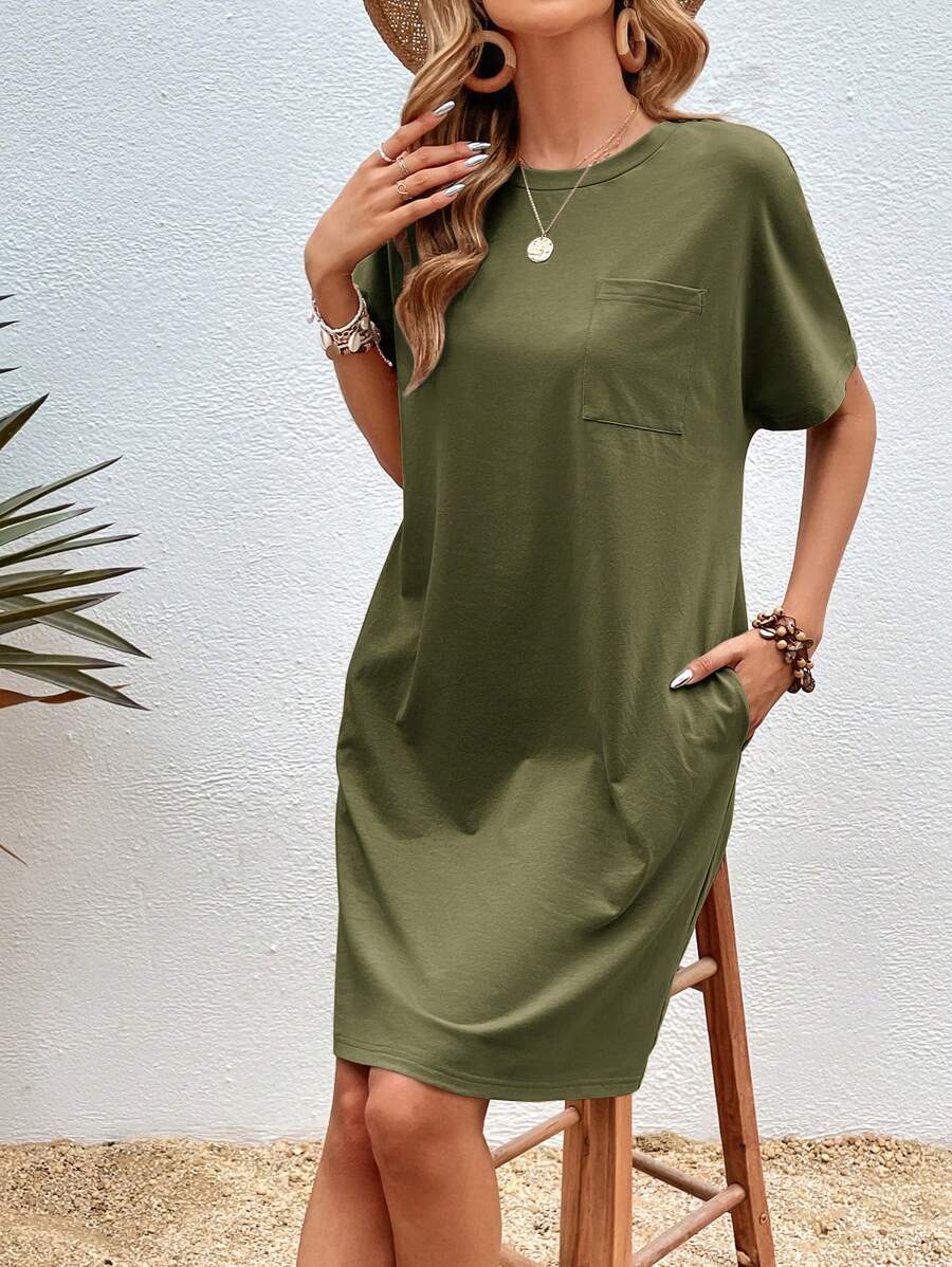 SHEIN LUNE Chất rắn Túi tay cánh Váy áo thun - xanh quân đội - Xem 1