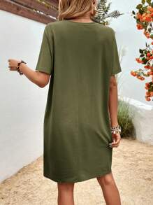 SHEIN LUNE Chất rắn Túi tay cánh Váy áo thun - xanh quân đội - Xem 2