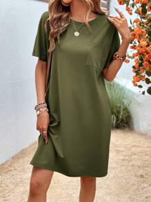 SHEIN LUNE Chất rắn Túi tay cánh Váy áo thun - xanh quân đội - Xem 5
