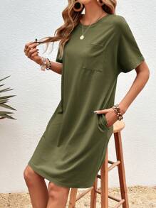 SHEIN LUNE Chất rắn Túi tay cánh Váy áo thun - xanh quân đội - Xem 6