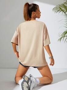 SHEIN EZwear 素色落肩袖超大號T恤 - 杏色 - 查看 2