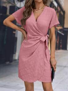 SHEIN Clasi Solid Knot Side Wrap Dress - Dusty Pink - View 3