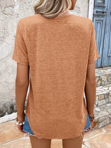 SHEIN LUNE Camiseta unicolor de cuello V - Óxido marrón - Ver 2