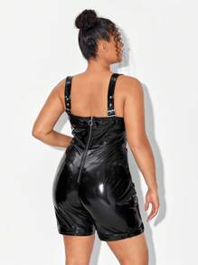 Aztec Mikado 大碼前交叉PU皮革吊帶連體短褲 - 黑色 - 查看 2
