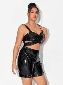 Aztec Mikado 大碼前交叉PU皮革吊帶連體短褲 - 黑色 - 查看 4