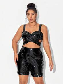 Aztec Mikado 大碼前交叉PU皮革吊帶連體短褲 - 黑色 - 查看 5