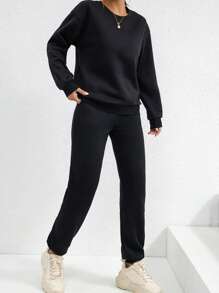SHEIN EZwear Pantalones deportivos con sudadera unicolor de hombros caídos - Negro - Ver 5