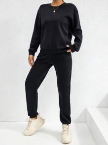 SHEIN EZwear Pantalones deportivos con sudadera unicolor de hombros caídos - Negro - Ver 7
