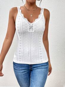 SHEIN Privé Contrast Lace Scallop Trim Tank Top - White - View 5