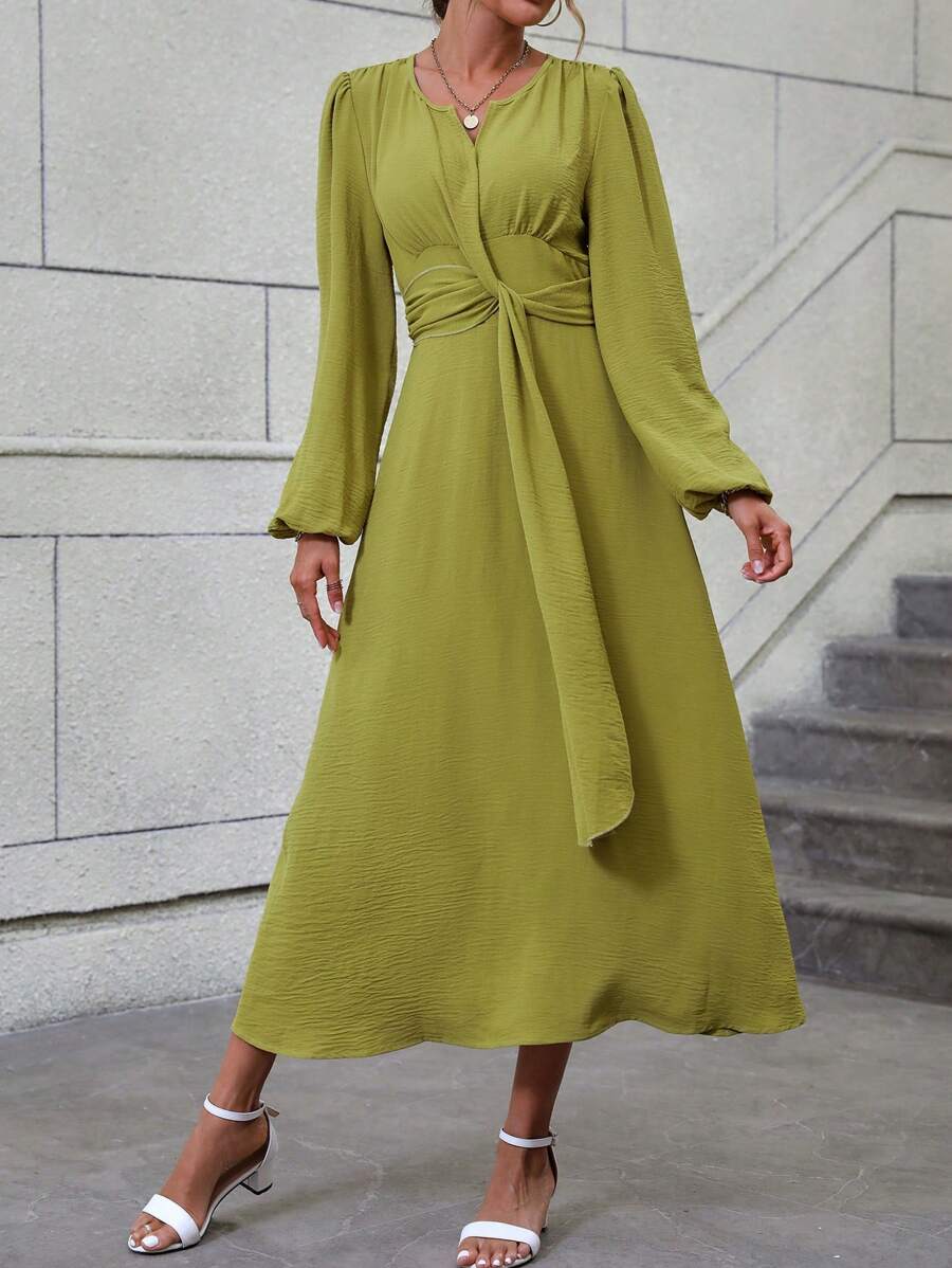 SHEIN LUNE 燈籠袖前打結連衣裙 - 橄欖綠 - 查看 1