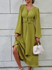 SHEIN LUNE 燈籠袖前打結連衣裙 - 橄欖綠 - 查看 3