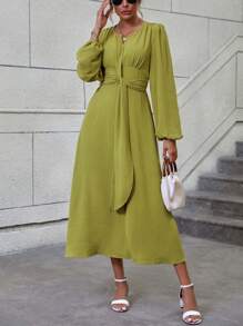 SHEIN LUNE 燈籠袖前打結連衣裙 - 橄欖綠 - 查看 5