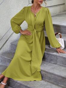 SHEIN LUNE 燈籠袖前打結連衣裙 - 橄欖綠 - 查看 6