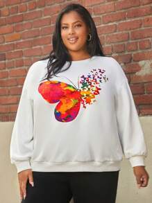 SHEIN CURVE+ Plus Butterfly Print Drop Shoulder Sweatshirt - White - View 1