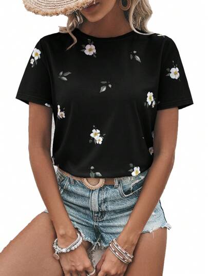 SHEIN LUNE Floral Print Round Neck Tee Graphic T Shirt