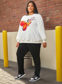 SHEIN CURVE+ Plus Butterfly Print Drop Shoulder Sweatshirt - White - View 4