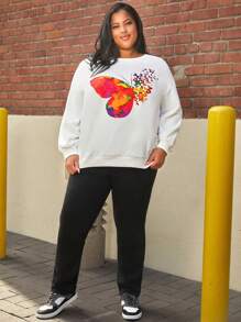SHEIN CURVE+ Plus Butterfly Print Drop Shoulder Sweatshirt - White - View 5