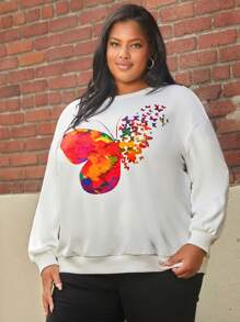 SHEIN CURVE+ Plus Butterfly Print Drop Shoulder Sweatshirt - White - View 6