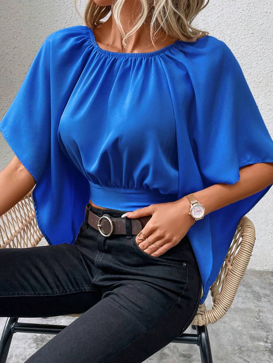 SHEIN Clasi Chất rắn áo tay bướm Buộc lại Áo sơ mi - Xanh đậm - Xem 1