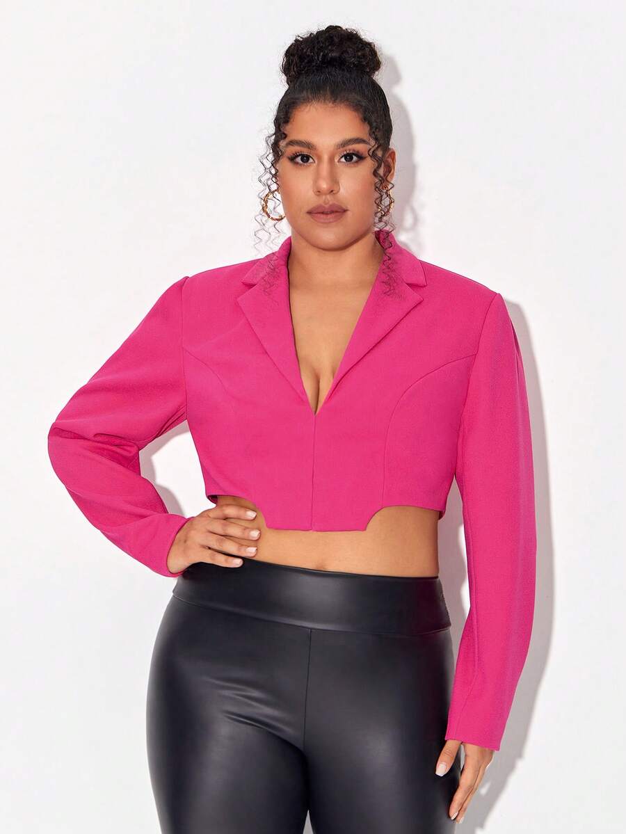 FURNANDA Talla grande Blazer crop de cuello con solapa - Rosa Fucsia - Ver 1