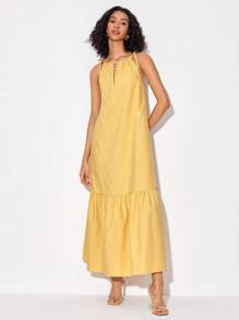 Growing Knot Shoulder Ruffle Hem Dress - Yellow - View 1