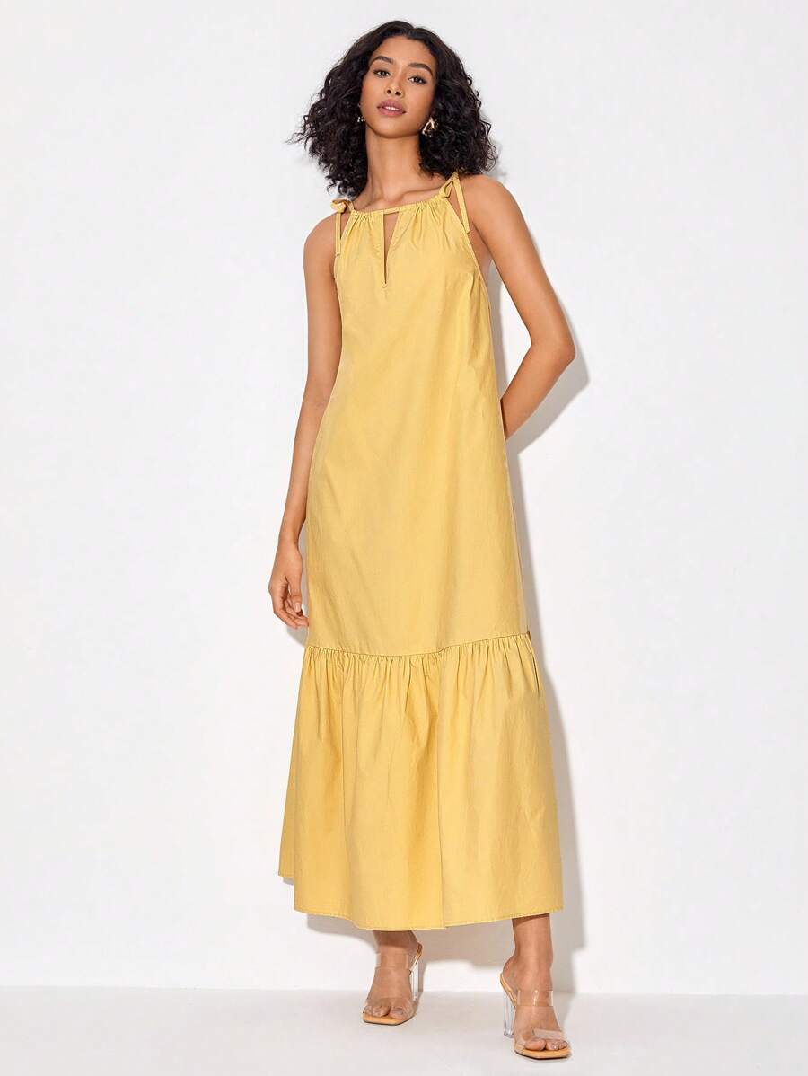 Growing Knot Shoulder Ruffle Hem Dress - Yellow - View 1