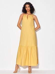 Growing Knot Shoulder Ruffle Hem Dress - Yellow - View 3