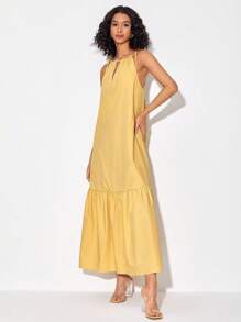 Growing Knot Shoulder Ruffle Hem Dress - Yellow - View 4