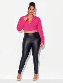 FURNANDA Talla grande Blazer crop de cuello con solapa - Rosa Fucsia - Ver 5