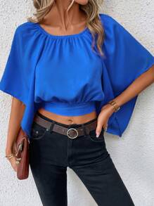 SHEIN Clasi Chất rắn áo tay bướm Buộc lại Áo sơ mi - Xanh đậm - Xem 4