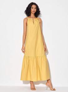 Growing Knot Shoulder Ruffle Hem Dress - Yellow - View 6
