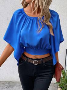 SHEIN Clasi Chất rắn áo tay bướm Buộc lại Áo sơ mi - Xanh đậm - Xem 5