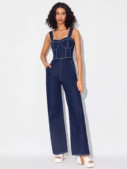 REGAL ROYAL JUDAH 頂針闊腿牛仔背帶褲