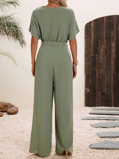 SHEIN LUNE Solid Belted Wide Leg Wrap Detail Jumpsuit