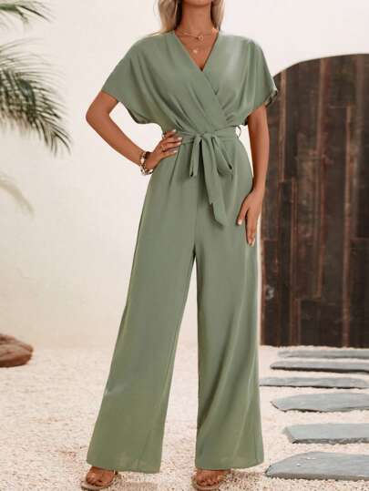 SHEIN LUNE Solid Belted Wide Leg Wrap Detail Jumpsuit