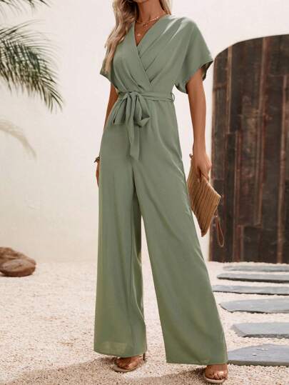 SHEIN LUNE Solid Belted Wide Leg Wrap Detail Jumpsuit