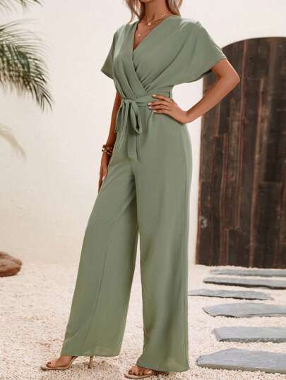 SHEIN LUNE Solid Belted Wide Leg Wrap Detail Jumpsuit