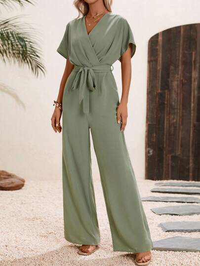 SHEIN LUNE Solid Belted Wide Leg Wrap Detail Jumpsuit