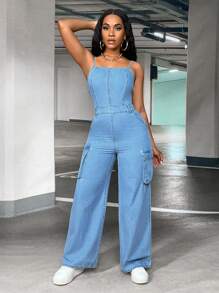 SHEIN SXY 側翻蓋口袋牛仔吊帶連體褲 - 淺色水洗藍 - 查看 3