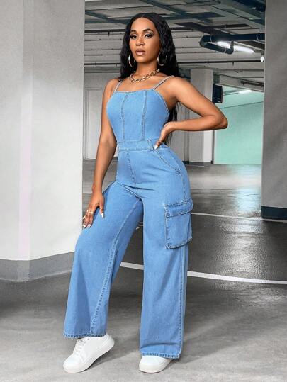 SHEIN SXY 側翻蓋口袋牛仔吊帶連體褲