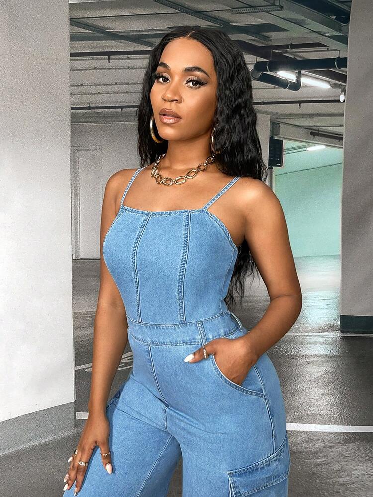 SHEIN SXY 側翻蓋口袋牛仔吊帶連體褲 - 淺色水洗藍 - 查看 5