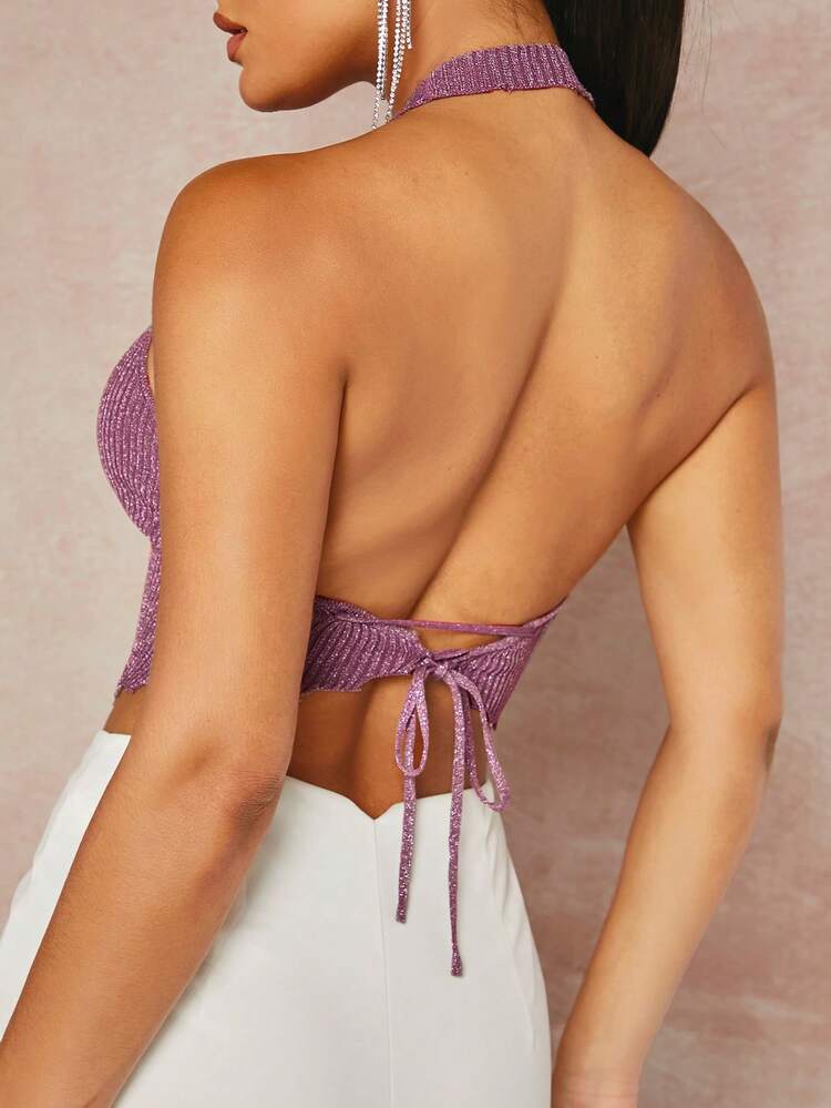 Solid Backless Halter Knit Top